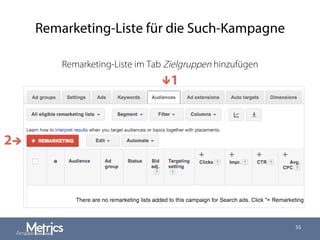 Remarketing-Liste für die Such-Kampagne
Remarketing-Liste im Tab Zielgruppen hinzufügen
55
ê1
2è
 