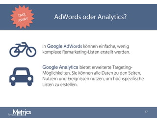 Take-Aways
57
TAKE	
AWAY	 AdWords oder Analytics?
Ǧ In Google AdWords können einfache, wenig
komplexe Remarketing-Listen erstellt werden.
ƞ
Google Analytics bietet erweiterte Targeting-
Möglichkeiten. Sie können alle Daten zu den Seiten,
Nutzern und Ereignissen nutzen, um hochspeziﬁsche
Listen zu erstellen.
 