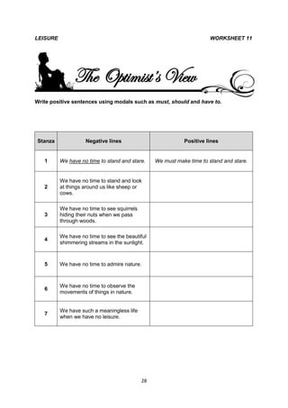 LEISURE                                                                 WORKSHEET 11




               The Optimist’s View
Write positive sentences using modals such as must, should and have to.




Stanza              Negative lines                           Positive lines


   1      We have no time to stand and stare.     We must make time to stand and stare.


          We have no time to stand and look
   2      at things around us like sheep or
          cows.

          We have no time to see squirrels
   3      hiding their nuts when we pass
          through woods.

          We have no time to see the beautiful
   4
          shimmering streams in the sunlight.



   5      We have no time to admire nature.



          We have no time to observe the
   6
          movements of things in nature.


          We have such a meaningless life
   7
          when we have no leisure.




                                             28
 