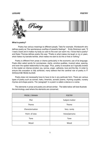 LEISURE                                                                              POETRY




                   Poetry

What is poetry?

        Poetry has various meanings to different people. Take for example, Wordsworth who
defines poetry as "the spontaneous overflow of powerful feelings". Emily Dickinson said, "If
I read a book and it makes my body so cold no fire ever can warm me, I know that is poetry"
and Dylan Thomas defines poetry this way: "Poetry is what makes me laugh or cry or yawn,
what makes my toenails twinkle, what makes me want to do this or that or nothing."

    Poetry is different from prose or drama particularly in the economic use of its language.
Poets often select words for conciseness, clarity, emotive qualities, musical value, spacing,
and even the spatial relationship to the page. Thus, poetry is evocative as it typically evokes
in the reader an intense emotion: joy, sorrow, anger, catharsis, love and the like. In order to
ensure this evocation is fully achieved, many believe that the cardinal rule of poetry is IT
SHOULD BE READ ALOUD.

    Poetry does not necessarily have to have to be in any particular form. There are various
types of poetry such as sonnet, haiku, limericks, acrostic poems, rhyming couplets, nursery
rhymes and shape poems. The ‘paragraph’ in a poem is called a stanza or a verse.

    The elements in prose and poetry are almost similar. The table below will best illustrate
the terminology used where the elements are concerned.


               PROSE / DRAMA                                       POETRY

                     Plot                                       Subject matter

                    Theme                                           Theme

               Characterisation                                  Very rarely

                Point of view                                   Voice/persona

                     Tone                                            Tone

                    Mood                                            Mood



                                              5
 