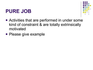 PURE JOB Activities that are performed in under some kind of constraint & are totally extrinsically motivated Please give example 