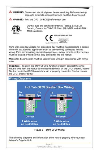 Page 11
For HELP, call 727.573.9611
WARNING: Disconnect electrical power before servicing. Before obtaining
access to terminals, all supply circuits must be disconnected.
WARNING: Test the GFCI (or RCD) before each use.
Our hot tubs are certified by Intertek Testing, SNAa Ltd.
Ontario, Canada to CSA-C22.2 No. 218.1-M89 and ANSI/UL
1563 standards.
Parts with extra low voltage not exceeding 12v must be inaccessible to a person
in the hot tub. Earthed appliances must be permanently connected to fixed
wiring. Parts incorporating electrical components, except remote control devices,
must be located or fixed so that they cannot fall into the hot tub.
Means for disconnection must be used in fixed wiring in accordance with wiring
rules.
Important – To allow the 240V GFCI to function properly, connect the white
Neutral wire from the hot tub to the Neutral terminal on the GFCI breaker, not the
Neutral bus in the GFCI breaker box. An improperly connected Neutral causes
the GFCI breaker to trip.
Wiring Diagrams
GFCI
G
N
D
N
E
U
T
Correct
To
Spa
To
Main
Hot Tub GFCI Breaker Box Wiring
Incorrect
2 White wires
on Neutral Bus
3 White wires
on Neutral Bus
GFCI
G
N
D
N
E
U
T
To
Main
To
Spa
Figure 3 – 240V GFCI Wiring
The following diagrams and information show how to properly wire your new
Leisure’s Edge hot tub.
 