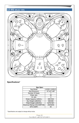 Page 49
For HELP, call 727.573.9611
LE 852 (Model 1405)
Specifications*
* Specifications are subject to change without notice.
 