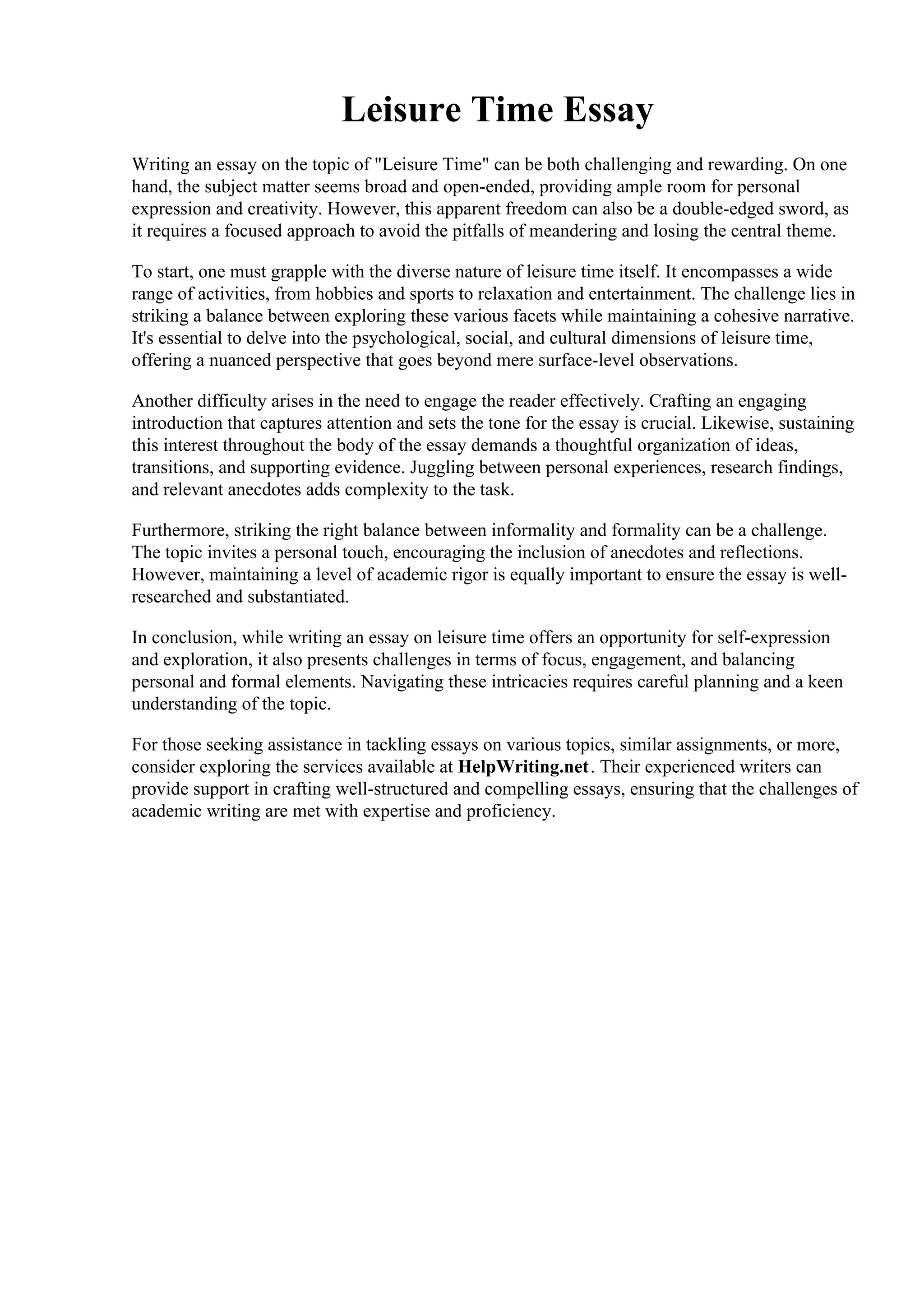 Leisure Time Essay PDF