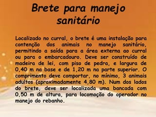 Brete para manejo
sanitário
Localizado no curral, o brete é uma instalação para
contenção dos animais no manejo sanitário,
permitindo a saída para a área externa ao curral
ou para o embarcadouro. Deve ser construído de
madeira de lei, com piso de pedra, e largura de
0,40 m na base e de 1,20 m na parte superior. O
comprimento deve comportar, no mínimo, 3 animais
adultos (aproximadamente 4,80 m). Num dos lados
do brete, deve ser localizada uma bancada com
0,50 m de altura, para locomoção do operador no
manejo do rebanho.
 