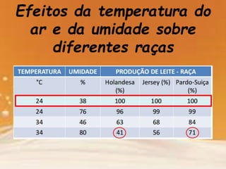 Efeitos da temperatura do
ar e da umidade sobre
diferentes raças
 