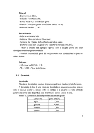 9
Material
- Erlenmeyer de 50 mL;
- Indicador Fenolftaleina 1%
- Bureta de 25 mL e suporte com garra;
- Solução Dornic (solução de hidróxido de sódio a 1/9 N);
- Amostras de leite: 1, 2 e 3.
Procedimento
- Agitar a amostra de leite;
- Adicionar 10 mL de leite no Erlenmeyer;
- Adicionar 6 a 10 gotas de fenolftaleína ao leite e agitar;
- Encher a bureta com solução Dornic e acertar o menisco em 0,0 mL;
- Titular a amostra sob agitação vigorosa com a solução Dornic até obter
coloração constante ligeiramente rosa;
- Verificar a quantidade gasta de solução Dornic que corresponde ao grau de
acidez do leite.
Cálculos
- 0,1 mL de NaOH N/9 = 1º D;
- ºD x (1/100) = % de ácido láctico.
2.5 Densidade
Introdução
Através da densidade é possível detectar uma série de fraudes no leite fornecido.
A densidade do leite é uma média da densidade de seus componentes, através
dela é possível avaliar a relação entre os sólidos e o solvente no leite, utilizado
juntamente com o teste de gordura para determinar o teor de sólidos do leite.
Tabela 2.2: Densidade dos componentes do leite em g/cm3
.
Composto g/cm3
a 15,5ºC
água 1,000
gordura 0,930
proteína 1,346
lactose 1,666
 