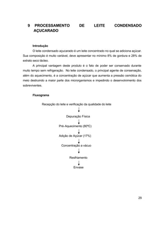 29
9 PROCESSAMENTO DE LEITE CONDENSADO
AÇUCARADO
Introdução
O leite condensado açucarado é um leite concentrado no qual se adiciona açúcar.
Sua composição é muito variável, deve apresentar no mínimo 8% de gordura e 28% de
extrato seco lácteo.
A principal vantagem deste produto é o fato de poder ser conservado durante
muito tempo sem refrigeração. No leite condensado, o principal agente de conservação,
além do aquecimento, é a concentração de açúcar que aumenta a pressão osmótica do
meio destruindo a maior parte dos microrganismos e impedindo o desenvolvimento dos
sobreviventes.
Fluxograma
Concentração a vácuo
Adição de Açúcar (17%)
Pré-Aquecimento (80ºC)
Depuração Física
Recepção do leite e verificação da qualidade do leite
Resfriamento
Envase
 