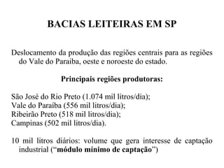 BACIAS LEITEIRAS EM SP

Deslocamento da produção das regiões centrais para as regiões
  do Vale do Paraiba, oeste e noroeste do estado.

                Principais regiões produtoras:

São José do Rio Preto (1.074 mil litros/dia);
Vale do Paraíba (556 mil litros/dia);
Ribeirão Preto (518 mil litros/dia);
Campinas (502 mil litros/dia).

10 mil litros diários: volume que gera interesse de captação
  industrial (“módulo mínimo de captação”)
 