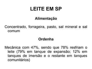 LEITE EM SP
                 Alimentação

Concentrado, forrageira, pasto, sal mineral e sal
 comum

                    Ordenha

Mecânica com 47%, sendo que 78% resfriam o
 leite (79% em tanque de expansão; 12% em
 tanques de imersão e o restante em tanques
 comunitários)
 