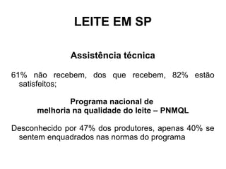 LEITE EM SP

              Assistência técnica

61% não recebem, dos que recebem, 82% estão
  satisfeitos;

              Programa nacional de
      melhoria na qualidade do leite – PNMQL

Desconhecido por 47% dos produtores, apenas 40% se
 sentem enquadrados nas normas do programa
 