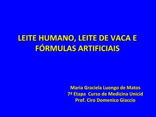 LEITE HUMANO, LEITE DE VACA E FÓRMULAS ARTIFICIAIS Maria Graciela Luongo de Matos 7ª Etapa  Curso de Medicina Unicid Prof. Ciro Domenico Giaccio 