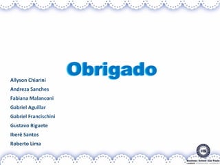 Allyson Chiarini
Andreza Sanches
Fabiana Malanconi
Gabriel Aguillar
Gabriel Francischini
Gustavo Riguete
Iberê Santos
Roberto Lima
 
