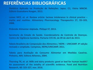 REFERÊNCIAS BIBLIOGRÁFICAS
- Dietética Aplicada na Produção de Refeições. Japur, CC; Vieira MNCM.
Editora Guanabara Koogan, 2012.
- Lomer MCE, et. al. Review article: lactose intolerance in clinical practice –
myths and realities. Alimentary Pharmacology Therapeutics 27, 93–103,
2008.
- Pirâmide Alimentar Adptada. Philippi ST, 2013.
- Secretaria do Estado de Saúde. Coordenadoria de Controle de Doenças.
Centro de Vigilância Sanitária. Portaria CVS 05, de 09 de abril de 2013.
- Tabela Brasileira de Composição dos Alimentos / NEPA – UNICAMP. 4ª edição
revisada e ampliada. Campinas, NEPA/UNICAMP, 2011.
- Tabela para Avaliação do Consumo Alimentar em Medidas Caseiras.
Pinheiro, ABV. Editora Atheneu, 2004.
- Thorning TK, et. al. Milk and dairy products: good or bad for human health?
An assessment of the totality of scientiﬁc evidence. Food and Nutrition
Research, 60: 325-327, nov. 2016.
 
