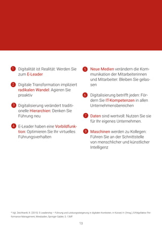 ►► Digitalität ist Realität: Werden Sie
zum E-Leader
►► Digitale Transformation impliziert
radikalen Wandel: Agieren Sie
proaktiv
►► Digitalisierung verändert traditi-
onelle Hierarchien: Denken Sie
Führung neu
►► E-Leader haben eine Vorbildfunk-
tion: Optimieren Sie Ihr virtuelles
Führungsverhalten
►► Neue Medien verändern die Kom-
munikation der Mitarbeiterinnen
und Mitarbeiter: Bleiben Sie gelas-
sen
►► Digitalisierung betrifft jeden: För-
dern Sie IT-Kompetenzen in allen
Unternehmensbereichen
►► Daten sind wertvoll: Nutzen Sie sie
für Ihr eigenes Unternehmen.
►► Maschinen werden zu Kollegen:
Führen Sie an der Schnittstelle
von menschlicher und künstlicher
Intelligenz
1
2
3
4
5
6
7
8
* Vgl. Zeichhardt, R. (2015): E-Leadership – Führung und Leistungssteigerung in digitalen Kontexten, in Künzel, H. (Hrsg.), Erfolgsfaktor Per-
formance Management, Wiesbaden, Springer Gabler, S. 136ff
13
 