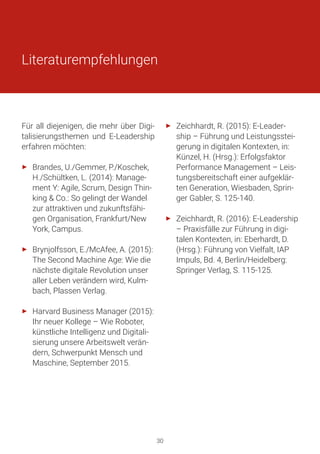 Für all diejenigen, die mehr über Digi-
talisierungsthemen und E-Leadership
erfahren möchten:
►► Brandes, U./Gemmer, P./Koschek,
H./Schültken, L. (2014): Manage-
ment Y: Agile, Scrum, Design Thin-
king & Co.: So gelingt der Wandel
zur attraktiven und zukunftsfähi-
gen Organisation, Frankfurt/New
York, Campus.
►► Brynjolfsson, E./McAfee, A. (2015):
The Second Machine Age: Wie die
nächste digitale Revolution unser
aller Leben verändern wird, Kulm-
bach, Plassen Verlag.
►► Harvard Business Manager (2015):
Ihr neuer Kollege – Wie Roboter,
künstliche Intelligenz und Digitali-
sierung unsere Arbeitswelt verän-
dern, Schwerpunkt Mensch und
Maschine, September 2015.
►► Zeichhardt, R. (2015): E-Leader-
ship – Führung und Leistungsstei-
gerung in digitalen Kontexten, in:
Künzel, H. (Hrsg.): Erfolgsfaktor
Performance Management – Leis-
tungsbereitschaft einer aufgeklär-
ten Generation, Wiesbaden, Sprin-
ger Gabler, S. 125-140.
►► Zeichhardt, R. (2016): E-Leadership
– Praxisfälle zur Führung in digi-
talen Kontexten, in: Eberhardt, D.
(Hrsg.): Führung von Vielfalt, IAP
Impuls, Bd. 4, Berlin/Heidelberg:
Springer Verlag, S. 115-125.
Literaturempfehlungen
30
 