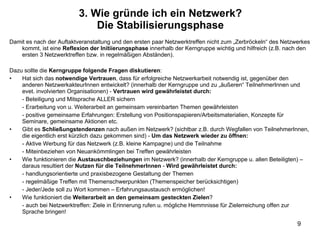 3. Wie gründe ich ein Netzwerk? Die Stabilisierungsphase Damit es nach der Auftaktveranstaltung und den ersten paar Netzwerktreffen nicht zum „Zerbröckeln“ des Netzwerkes kommt, ist eine  Reflexion der Initiierungsphase  innerhalb der Kerngruppe wichtig und hilfreich (z.B. nach den ersten 3 Netzwerktreffen bzw. in regelmäßigen Abständen). Dazu sollte die  Kerngruppe folgende Fragen diskutieren : Hat sich das  notwendige Vertrauen , dass für erfolgreiche Netzwerkarbeit notwendig ist, gegenüber den anderen NetzwerkakteurInnen entwickelt? (innerhalb der Kerngruppe und zu „äußeren“ TeilnehmerInnen und evet. involvierten Organisationen) -  Vertrauen wird gewährleistet durch: - Beteiligung und Mitsprache ALLER sichern - Erarbeitung von u. Weiterarbeit an gemeinsam vereinbarten Themen gewährleisten - positive gemeinsame Erfahrungen: Erstellung von Positionspapieren/Arbeitsmaterialien, Konzepte für Seminare, gemeinsame Aktionen etc. Gibt es  Schließungstendenzen  nach außen im Netzwerk? (sichtbar z.B. durch Wegfallen von TeilnehmerInnen, die eigentlich erst kürzlich dazu gekommen sind) -  Um das Netzwerk wieder zu öffnen: - Aktive Werbung für das Netzwerk (z.B. kleine Kampagne) und die Teilnahme - Miteinbeziehen von Neuankömmlingen bei Treffen gewährleisten Wie funktionieren die  Austauschbeziehungen  im Netzwerk? (innerhalb der Kerngruppe u. allen Beteiligten) – daraus resultiert der  Nutzen für die TeilnehmerInnen  -  Wird gewährleistet durch: - handlungsorientierte und praxisbezogene Gestaltung der Themen - regelmäßige Treffen mit Themenschwerpunkten (Themenspeicher berücksichtigen) - Jeder/Jede soll zu Wort kommen – Erfahrungsaustausch ermöglichen! Wie funktioniert die  Weiterarbeit an den gemeinsam gesteckten Zielen ? - auch bei Netzwerktreffen: Ziele in Erinnerung rufen u. mögliche Hemmnisse für Zielerreichung offen zur Sprache bringen! 