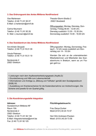 11
Amt Mittleres Nordfriesland | Leitfaden für die ehrenamtliche Flüchtlingshilfe | www.amnf.de
3. Das Ordnungsamt des Amtes Mittleres Nordfriesland
Ose Martensen
Telefon: (0 46 71) 91 92 27
E-Mail: o.martensen@amnf.de
Carina Neumann
Telefon: (0 46 71) 91 92 28
E- Mail: c.neumann@amnf.de
Theodor-Storm-Straße 2
25821 Bredstedt
Öffnungszeiten: Montag, Dienstag, Don-
nerstag, Freitag 08.00 - 12.00 Uhr,
Dienstag zusätzlich 13.30 - 15.30 Uhr,
Donnerstag zusätzlich 14.00 - 18.00 Uhr
4. Das Sozialzentrum des Amtes Mittleres Nordfriesland
Ann-Kristin Skrypski
Telefon: (0 46 71) 9 19 21 39
Ursula Petersen
Telefon: (0 46 71) 9 19 21 19
Norderende 2
25821 Breklum
Öffnungszeiten: Montag, Donnerstag, Frei-
tag 8 - 12 Uhr sowie zusätzlich am Don-
nerstag von 14 - 18 Uhr
Wenden Sie sich an die untenstehenden
Mitarbeiterinnen und Mitarbeiter des Sozi-
alzentrums in Breklum, wenn es um Fra-
gen geht zu:
5. Die Koordinierungsstelle Integration
Adresse:
Sozialzentrum Mittleres NF
Raum 10A
Norderende 2
25821 Breklum
Telefon: (0 46 71) 91 92 134
E-Mail: Integrationslotse@amnf.de
Flüchtlingsbetreuer/in:
Frau Derya Zunker
Mobil (0151) 40 24 73 57
Herr Dirk Andresen-Paulsen
Mobil: (0151) 40 24 73 56
Fax: (0 46 71) 91 92 125
• Leistungen nach dem Asylbewerberleistungsgesetz (AsylbLG)
• Grundsicherung und Hilfe zum Lebensunterhalt
• Informationen und Anträge zu „Bildung und Teilhabe“ gemäß dem Sozialgesetzbuch
(SGB) XII.
• Ausstellung von Krankenscheinen für die Kostenübernahme von Arztrechnungen. Die
Scheine sind jeweils für ein Quartal gültig.
 