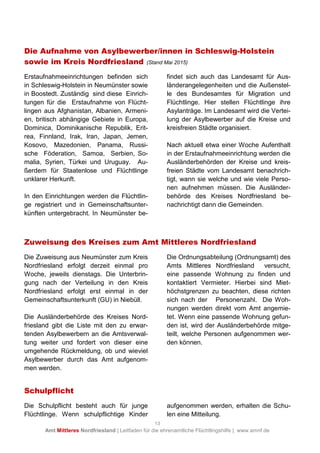 13
Amt Mittleres Nordfriesland | Leitfaden für die ehrenamtliche Flüchtlingshilfe | www.amnf.de
Die Aufnahme von Asylbewerber/innen in Schleswig-Holstein
sowie im Kreis Nordfriesland (Stand Mai 2015)
Erstaufnahmeeinrichtungen befinden sich
in Schleswig-Holstein in Neumünster sowie
in Boostedt. Zuständig sind diese Einrich-
tungen für die Erstaufnahme von Flücht-
lingen aus Afghanistan, Albanien, Armeni-
en, britisch abhängige Gebiete in Europa,
Dominica, Dominikanische Republik, Erit-
rea, Finnland, Irak, Iran, Japan, Jemen,
Kosovo, Mazedonien, Panama, Russi-
sche Föderation, Samoa, Serbien, So-
malia, Syrien, Türkei und Uruguay. Au-
ßerdem für Staatenlose und Flüchtlinge
unklarer Herkunft.
In den Einrichtungen werden die Flüchtlin-
ge registriert und in Gemeinschaftsunter-
künften untergebracht. In Neumünster be-
findet sich auch das Landesamt für Aus-
länderangelegenheiten und die Außenstel-
le des Bundesamtes für Migration und
Flüchtlinge. Hier stellen Flüchtlinge ihre
Asylanträge. Im Landesamt wird die Vertei-
lung der Asylbewerber auf die Kreise und
kreisfreien Städte organisiert.
Nach aktuell etwa einer Woche Aufenthalt
in der Erstaufnahmeeinrichtung werden die
Ausländerbehörden der Kreise und kreis-
freien Städte vom Landesamt benachrich-
tigt, wann sie welche und wie viele Perso-
nen aufnehmen müssen. Die Ausländer-
behörde des Kreises Nordfriesland be-
nachrichtigt dann die Gemeinden.
Zuweisung des Kreises zum Amt Mittleres Nordfriesland
Die Zuweisung aus Neumünster zum Kreis
Nordfriesland erfolgt derzeit einmal pro
Woche, jeweils dienstags. Die Unterbrin-
gung nach der Verteilung in den Kreis
Nordfriesland erfolgt erst einmal in der
Gemeinschaftsunterkunft (GU) in Niebüll.
Die Ausländerbehörde des Kreises Nord-
friesland gibt die Liste mit den zu erwar-
tenden Asylbewerbern an die Amtsverwal-
tung weiter und fordert von dieser eine
umgehende Rückmeldung, ob und wieviel
Asylbewerber durch das Amt aufgenom-
men werden.
Die Ordnungsabteilung (Ordnungsamt) des
Amts Mittleres Nordfriesland versucht,
eine passende Wohnung zu finden und
kontaktiert Vermieter. Hierbei sind Miet-
höchstgrenzen zu beachten, diese richten
sich nach der Personenzahl. Die Woh-
nungen werden direkt vom Amt angemie-
tet. Wenn eine passende Wohnung gefun-
den ist, wird der Ausländerbehörde mitge-
teilt, welche Personen aufgenommen wer-
den können.
Schulpflicht
Die Schulpflicht besteht auch für junge
Flüchtlinge. Wenn schulpflichtige Kinder
aufgenommen werden, erhalten die Schu-
len eine Mitteilung.
 