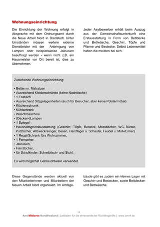 14
Amt Mittleres Nordfriesland | Leitfaden für die ehrenamtliche Flüchtlingshilfe | www.amnf.de
Wohnungseinrichtung
Die Einrichtung der Wohnung erfolgt in
Absprache mit dem Ordnungsamt durch
die Neue Arbeit Nord in Bredstedt. Unter
Umständen müssen weitere externe
Dienstleister mit der Anbringung von
Lampen oder beispielsweise Jalousien
beauftragt werden - wenn nicht z.B. ein
Hausmeister vor Ort bereit ist, dies zu
übernehmen.
Jeder Asylbewerber erhält beim Auszug
aus der Gemeinschaftsunterkunft eine
Erstausstattung in Form von Bettdecke
und Bettwäsche, Geschirr, Töpfe und
Pfanne und Bestecke. Selbst Lebensmittel
haben die meisten bei sich.
Diese Gegenstände werden aktuell von
den Mitarbeiterinnen und Mitarbeitern der
Neuen Arbeit Nord organisiert. Im Amtsge-
bäude gibt es zudem ein kleines Lager mit
Geschirr und Bestecken, sowie Bettdecken
und Bettwäsche.
Zustehende Wohnungseinrichtung:
• Betten m. Matratzen
• Ausreichend Kleiderschränke (keine Nachttische)
• 1 Esstisch
• Ausreichend Sitzgelegenheiten (auch für Besucher, aber keine Polstermöbel)
• Küchenschrank
• Kühlschrank
• Waschmaschine
• (Decken-)Lampen
• 1 Spiegel
• Haushaltsgrundausstattung (Geschirr, Töpfe, Besteck, Messbecher, WC- Bürste,
Putztücher, Allzweckreiniger, Besen, Handfeger u. Schaufel, Feudel u. Müll-/Eimer)
• 1 Regal/Schrank fürs Wohnzimmer,
• 1 Fernseher,
• Jalousien,
• Handtücher,
• für Schulkinder: Schreibtisch- und Stuhl.
Es wird möglichst Gebrauchtware verwendet.
 