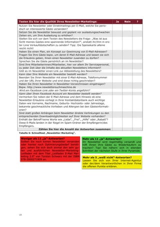 Testen Sie hier die Qualität Ihres Newsletter-Marketings:                     Ja    Nein      ?
Nutzen Sie Newsletter oder Direktmailings per E-Mail, welche Sie perio-
disch an interessierte Gäste versenden?
Setzen Sie die Newsletter bewusst und geplant vor auslastungsschwachen
Zeiten ein, um Ihre Auslastung zu erhöhen?
Stellen Sie sich vor dem Texten des Newsletters die Frage: „Was ist aus
Sicht meines Gastes eine spannende Information?“, anstatt ihr/ihm in ers-
ter Linie Verkaufsbotschaften zu senden? Tipp: Die Speisekarte alleine
reicht nicht!
Haben Sie einen Plan, ein Konzept zur Gewinnung von E-Mail-Adressen?
Fragen Sie Ihre Gäste bspw. um deren E-Mail-Adresse und lassen sie sich
die Erlaubnis geben, ihnen einen Newsletter zusenden zu dürfen?
Sprechen Sie die Gäste persönlich an im Newsletter?
Sind Ihre Mitarbeiterinnen/Mitarbeiter, hier vor allem Ihr Servicepersonal,
zu jeder Zeit über die Inhalte des aktuellen Newsletters informiert?
Gibt es im Newsletter einen Link zur Abbestellung des Newsletters?
Kann über Ihre Website ein Newsletter bestellt werden?
Beenden Sie Ihren Newsletter mit einer E-Mail-Adresse, Telefonnummer
und der URL Ihrer Website und sind diese richtig geschrieben?
Haben Sie Ihren Newsletter in Newsletter-Verzeichnissen eingetragen?
Bspw. http://www.newslettersuchmaschine.de
Wird ein Facebook-Link oder ein Twitter-Konto angeführt?
Kann über Ihren Facebook-Account ein Newsletter bestellt werden?
Vermerken Sie neben der E-Mail-Adresse und dem Hinweis ob eine
Newsletter-Erlaubnis vorliegt in Ihrer Kontaktdatenbank auch wichtige
Daten wie Vorname, Nachname, Geburts- Hochzeits- oder Jahrestage,
bekannte geschmackliche Vorlieben und Allergien bei den Gästeinformati-
onen?
Sind statt großen Anhängen beim Newsletter direkte Verlinkungen zu den
entsprechenden Downloadmöglichkeiten auf Ihrer Website vorhanden?
Enthält der Betreff keine Worte wie „Liebe“, „Frei“, „Hilfe“ oder „Rabatt“?
Diese E-Mails landen in der Regel im Spam-Ordner der Empfängerin/des
Empfängers.
                 Zählen Sie hier die Anzahl der Antworten zusammen:
Tabelle 6: Schnelltest „Newsletter-Marketing“.

 Weniger als 11 „ja“-Antworten?                    Mehr als 11 „ja“-Antworten?
 Sollten Sie noch keinen Newsletter versenden      Ihr Newsletter wird regelmäßig versandt und
 oder hierbei noch Optimierungsbedarf benöti-      hilft Ihnen Ihre Gäste zu Wiederkäufern zu
 gen, sehen Sie sich doch einmal den sehr gu-      machen? Top! Sie nähern sich in eilenden
 ten und ausführlichen Newsletter-Marketing-       Schritten der nächsten Stufe in Ihrer Pyramide.
 Leitfaden mit dem Titel „Leitfaden E-Mail Mar-
 keting 2.0“ von Torsten Schwarz mit der ISBN      Mehr als 5 „weiß nicht“-Antworten?
 978-3000271809 an.                                Lassen Sie sich von Ihrer Internet-Agentur
                                                   oder der/dem Verantwortlichen in Ihrer Firma
                                                   die offenen Punkte erklären.




18
 