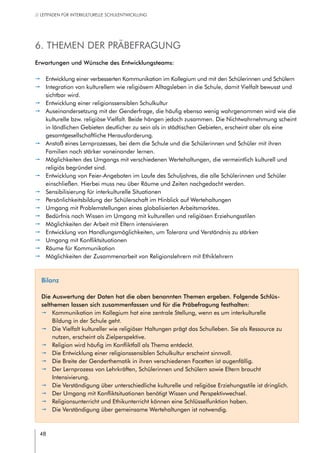 48
// LEITFADEN FÜR INTERKULTURELLE SCHULENTWICKLUNG
Bilanz
Die Auswertung der Daten hat die oben benannten Themen ergeben. Folgende Schlüs-
selthemen lassen sich zusammenfassen und für die Präbefragung festhalten:
pp Kommunikation im Kollegium hat eine zentrale Stellung, wenn es um interkulturelle
Bildung in der Schule geht.
pp Die Vielfalt kultureller wie religiöser Haltungen prägt das Schulleben. Sie als Ressource zu
nutzen, erscheint als Zielperspektive.
pp Religion wird häufig im Konfliktfall als Thema entdeckt.
pp Die Entwicklung einer religionssensiblen Schulkultur erscheint sinnvoll.
pp Die Breite der Genderthematik in ihren verschiedenen Facetten ist augenfällig.
pp Der Lernprozess von Lehrkräften, Schülerinnen und Schülern sowie Eltern braucht
Intensivierung.
pp Die Verständigung über unterschiedliche kulturelle und religiöse Erziehungsstile ist dringlich.
pp Der Umgang mit Konfliktsituationen benötigt Wissen und Perspektivwechsel.
pp Religionsunterricht und Ethikunterricht können eine Schlüsselfunktion haben.
pp Die Verständigung über gemeinsame Wertehaltungen ist notwendig.
6. Themen der Präbefragung
Erwartungen und Wünsche des Entwicklungsteams:
pp Entwicklung einer verbesserten Kommunikation im Kollegium und mit den Schülerinnen und Schülern
pp Integration von kulturellem wie religiösem Alltagsleben in die Schule, damit Vielfalt bewusst und
sichtbar wird.
pp Entwicklung einer religionssensiblen Schulkultur
pp Auseinandersetzung mit der Genderfrage, die häufig ebenso wenig wahrgenommen wird wie die
kulturelle bzw. religiöse Vielfalt. Beide hängen jedoch zusammen. Die Nichtwahrnehmung scheint
in ländlichen Gebieten deutlicher zu sein als in städtischen Gebieten, erscheint aber als eine
gesamtgesellschaftliche Herausforderung.
pp Anstoß eines Lernprozesses, bei dem die Schule und die Schülerinnen und Schüler mit ihren
Familien noch stärker voneinander lernen.
pp Möglichkeiten des Umgangs mit verschiedenen Wertehaltungen, die vermeintlich kulturell und
religiös begründet sind.
pp Entwicklung von Feier-Angeboten im Laufe des Schuljahres, die alle Schülerinnen und Schüler
einschließen. Hierbei muss neu über Räume und Zeiten nachgedacht werden.
pp Sensibilisierung für interkulturelle Situationen
pp Persönlichkeitsbildung der Schülerschaft im Hinblick auf Wertehaltungen
pp Umgang mit Problemstellungen eines globalisierten Arbeitsmarktes.
pp Bedürfnis nach Wissen im Umgang mit kulturellen und religiösen Erziehungsstilen
pp Möglichkeiten der Arbeit mit Eltern intensivieren
pp Entwicklung von Handlungsmöglichkeiten, um Toleranz und Verständnis zu stärken
pp Umgang mit Konfliktsituationen
pp Räume für Kommunikation
pp Möglichkeiten der Zusammenarbeit von Religionslehrern mit Ethiklehrern
 
