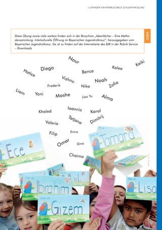 // LEITFADEN FÜR INTERKULTURELLE SCHULENTWICKLUNG
57
Diese Übung sowie viele weitere finden sich in der Broschüre „Ideenfächer – Eine Metho-
densammlung: Interkulturelle Öffnung im Bayerischen Jugendrotkreuz“, herausgegeben vom
Bayerischen Jugendrotkreuz. Sie ist zu finden auf der Internetseite des BJR in der Rubrik Service
– Downloads.
INFO
Emre
Tatjana
Chaima
KarolKhaled
Omar
Dina
Filip
Zofia
Liam
Nika
Moshe
Ioannis
Noah
Yoni
Vishnu
Valeria
Bence
Frederik
AlmaJiao Yu
Nour
Dimitrij
Keiki
Hatice
KaleaDiego
©JanRoeder
 