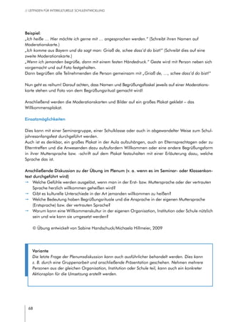 68
// LEITFADEN FÜR INTERKULTURELLE SCHULENTWICKLUNG
Variante
Die letzte Frage der Plenumsdiskussion kann auch ausführlicher behandelt werden. Dies kann
z. B. durch eine Gruppenarbeit und anschließende Präsentation geschehen. Nehmen mehrere
Personen aus der gleichen Organisation, Institution oder Schule teil, kann auch ein konkreter
Aktionsplan für die Umsetzung erstellt werden.
Beispiel:
„Ich heiße … Hier möchte ich gerne mit … angesprochen werden.“ (Schreibt ihren Namen auf
Moderationskarte.)
„Ich komme aus Bayern und da sagt man: Griaß de, schee dass’d do bist!“ (Schreibt dies auf eine
zweite Moderationskarte.)
„Wenn ich jemanden begrüße, dann mit einem festen Händedruck.“ Geste wird mit Person neben sich
vorgemacht und auf Foto festgehalten.
Dann begrüßen alle Teilnehmenden die Person gemeinsam mit „Griaß de, …, schee dass’d do bist!“
Nun geht es reihum! Darauf achten, dass Namen und Begrüßungsfloskel jeweils auf einer Moderations-
karte stehen und Foto von dem Begrüßungsritual gemacht wird!
Anschließend werden die Moderationskarten und Bilder auf ein großes Plakat geklebt – das
Willkommensplakat.
Einsatzmöglichkeiten
Dies kann mit einer Seminargruppe, einer Schulklasse oder auch in abgewandelter Weise zum Schul-
jahresanfangsfest durchgeführt werden.
Auch ist es denkbar, ein großes Plakat in der Aula aufzuhängen, auch an Elternsprechtagen oder zu
Elterntreffen und die Anwesenden dazu aufzufordern Willkommen oder eine andere Begrüßungsform
in ihrer Muttersprache bzw. -schrift auf dem Plakat festzuhalten mit einer Erläuterung dazu, welche
Sprache das ist.
Anschließende Diskussion zu der Übung im Plenum (v. a. wenn es im Seminar- oder Klassenkon-
text durchgeführt wird)
pp Welche Gefühle werden ausgelöst, wenn man in der Erst- bzw. Muttersprache oder der vertrauten
Sprache herzlich willkommen geheißen wird?
pp Gibt es kulturelle Unterschiede in der Art jemanden willkommen zu heißen?
pp Welche Bedeutung haben Begrüßungsrituale und die Ansprache in der eigenen Muttersprache
(Erstsprache) bzw. der vertrauten Sprache?
pp Warum kann eine Willkommenskultur in der eigenen Organisation, Institution oder Schule nützlich
sein und wie kann sie umgesetzt werden?
© Übung entwickelt von Sabine Handschuck/Michaela Hillmeier, 2009
 