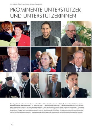 82
// LEITFADEN FÜR INTERKULTURELLE SCHULENTWICKLUNG
Prominente Unterstützer
und unterstützerinnen
1 Landtagspräsidentin Barbara Stamm im Gespräch mit Projektleiterin Waltraud Lučić, Vizepräsidentin des BLLV a. D., Vorsitzende des MLLV | 2 Faris Al Sultan,
Botschafter des Projekts WERTvoll MITeinander | 3 Dr. Hans Jochen Vogel, u. a. Oberbürgermeister von München a. D., Bundesvorsitzender der SPD a. D. | 4 Dr. Ludwig
Spaenle Staatsminister für Unterricht und Kultus, Wissenschaft und Kunst | 5 Karin Seehofer, Schirmherrin vieler sozialer Projekte und Veranstaltungen | 6 Ministerialrat
Dr. Ulrich Seiser, Bayerisches Staatsministerium für Unterricht und Kultus, Wissenschaft und Kunst | 7 Erzpriester Apostolos Malamoussis im Gespräch mit Staatssekretär
Georg Eisenreich | 8 MR Dr. Ulrich Seiser mit Ministerialdirigent Stefan Graf, Abteilungsleiter der Grund-, Mittel- und Förderschulen, Bayerisches Staatsministerium für
Unterricht und Kultus, Wissenschaft und Kunst | Staatssekretär Georg Eisenreich, Bayerisches Staatsministerium für Unterricht und Kultus, Wissenschaft und Kunst |
1
4
7
2
5
8
3
6
9
 