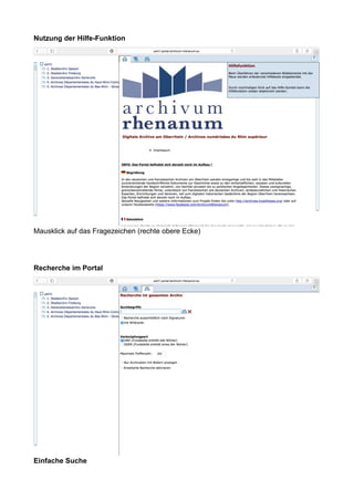 Nutzung der Hilfe-Funktion
Mausklick auf das Fragezeichen (rechte obere Ecke)
Recherche im Portal
Einfache Suche
 