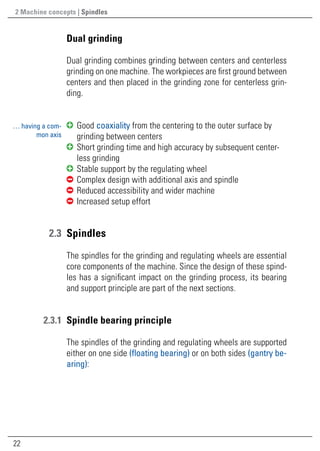 22
2 Machine concepts | Spindles
		Dual grinding
Dual grinding combines grinding between centers and centerless
grinding on one machine. The workpieces are first ground between
centers and then placed in the grinding zone for centerless grin-
ding.
	Good coaxiality from the centering to the outer surface by
grinding between centers
	 Short grinding time and high accuracy by subsequent center-
less grinding
	 Stable support by the regulating wheel
	 Complex design with additional axis and spindle
	 Reduced accessibility and wider machine
	 Increased setup effort
	2.3	Spindles
The spindles for the grinding and regulating wheels are essential
core components of the machine. Since the design of these spind-
les has a significant impact on the grinding process, its bearing
and support principle are part of the next sections.
	2.3.1	 Spindle bearing principle
The spindles of the grinding and regulating wheels are supported
either on one side (floating bearing) or on both sides (gantry be-
aring):
… having a com-
mon axis
 