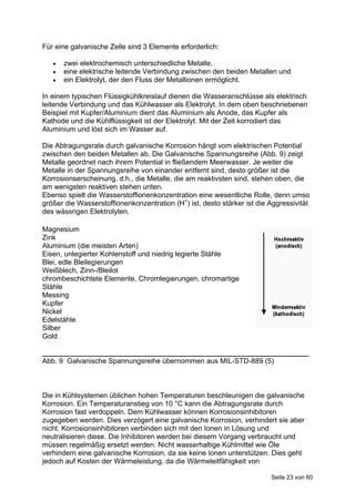 Für eine galvanische Zelle sind 3 Elemente erforderlich:

      zwei elektrochemisch unterschiedliche Metalle,
      eine elektrische leitende Verbindung zwischen den beiden Metallen und
      ein Elektrolyt, der den Fluss der Metallionen ermöglicht.

In einem typischen Flüssigkühlkreislauf dienen die Wasseranschlüsse als elektrisch
leitende Verbindung und das Kühlwasser als Elektrolyt. In dem oben beschriebenen
Beispiel mit Kupfer/Aluminium dient das Aluminium als Anode, das Kupfer als
Kathode und die Kühlflüssigkeit ist der Elektrolyt. Mit der Zeit korrodiert das
Aluminium und löst sich im Wasser auf.

Die Abtragungsrate durch galvanische Korrosion hängt vom elektrischen Potential
zwischen den beiden Metallen ab. Die Galvanische Spannungsreihe (Abb. 9) zeigt
Metalle geordnet nach ihrem Potential in fließendem Meerwasser. Je weiter die
Metalle in der Spannungsreihe von einander entfernt sind, desto größer ist die
Korrosionserscheinung, d.h., die Metalle, die am reaktivsten sind, stehen oben, die
am wenigsten reaktiven stehen unten.
Ebenso spielt die Wasserstoffionenkonzentration eine wesentliche Rolle, denn umso
größer die Wasserstoffionenkonzentration (H+) ist, desto stärker ist die Aggressivität
des wässrigen Elektrolyten.

Magnesium
Zink
Aluminium (die meisten Arten)
Eisen, unlegierter Kohlenstoff und niedrig legierte Stähle
Blei, edle Bleilegierungen
Weißblech, Zinn-/Bleilot
chrombeschichtete Elemente, Chromlegierungen, chromartige
Stähle
Messing
Kupfer
Nickel
Edelstähle
Silber
Gold

___________________________________________________________________
Abb. 9 Galvanische Spannungsreihe übernommen aus MIL-STD-889 (5)



Die in Kühlsystemen üblichen hohen Temperaturen beschleunigen die galvanische
Korrosion. Ein Temperaturanstieg von 10 °C kann die Abtragungsrate durch
Korrosion fast verdoppeln. Dem Kühlwasser können Korrosionsinhibitoren
zugegeben werden. Dies verzögert eine galvanische Korrosion, verhindert sie aber
nicht. Korrosionsinhibitoren verbinden sich mit den Ionen in Lösung und
neutralisieren diese. Die Inhibitoren werden bei diesem Vorgang verbraucht und
müssen regelmäßig ersetzt werden. Nicht wasserhaltige Kühlmittel wie Öle
verhindern eine galvanische Korrosion, da sie keine Ionen unterstützen. Dies geht
jedoch auf Kosten der Wärmeleistung, da die Wärmeleitfähigkeit von

                                                                         Seite 23 von 60
 