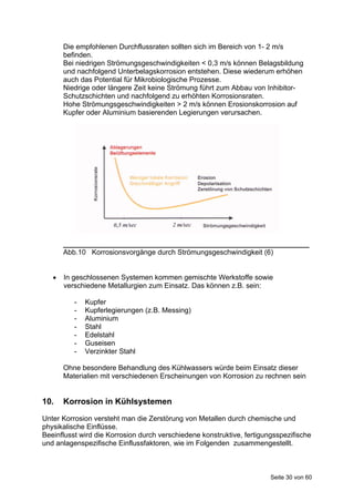 Die empfohlenen Durchflussraten sollten sich im Bereich von 1- 2 m/s
       befinden.
       Bei niedrigen Strömungsgeschwindigkeiten < 0,3 m/s können Belagsbildung
       und nachfolgend Unterbelagskorrosion entstehen. Diese wiederum erhöhen
       auch das Potential für Mikrobiologische Prozesse.
       Niedrige oder längere Zeit keine Strömung führt zum Abbau von Inhibitor-
       Schutzschichten und nachfolgend zu erhöhten Korrosionsraten.
       Hohe Strömungsgeschwindigkeiten > 2 m/s können Erosionskorrosion auf
       Kupfer oder Aluminium basierenden Legierungen verursachen.




       ______________________________________________________________
       Abb.10 Korrosionsvorgänge durch Strömungsgeschwindigkeit (6)


      In geschlossenen Systemen kommen gemischte Werkstoffe sowie
       verschiedene Metallurgien zum Einsatz. Das können z.B. sein:

          -   Kupfer
          -   Kupferlegierungen (z.B. Messing)
          -   Aluminium
          -   Stahl
          -   Edelstahl
          -   Guseisen
          -   Verzinkter Stahl

       Ohne besondere Behandlung des Kühlwassers würde beim Einsatz dieser
       Materialien mit verschiedenen Erscheinungen von Korrosion zu rechnen sein


10.    Korrosion in Kühlsystemen

Unter Korrosion versteht man die Zerstörung von Metallen durch chemische und
physikalische Einflüsse.
Beeinflusst wird die Korrosion durch verschiedene konstruktive, fertigungsspezifische
und anlagenspezifische Einflussfaktoren, wie im Folgenden zusammengestellt.



                                                                        Seite 30 von 60
 