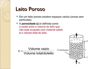 LLeeiittoo PPoorroossoo 
 Em um leito poroso existem espaços vazios (zonas sem 
partículas). 
 A porosidade (e) é definida como 
a razão entre o volume do leito que 
não está ocupado com material sólido 
e o volume total do leito. 
v0 
ε = Volume vazio 
Volume totaldoleito 
 