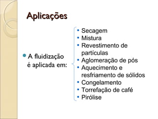 AApplliiccaaççõõeess 
A fluidização 
é aplicada em: 
• Secagem 
• Mistura 
• Revestimento de 
partículas 
• Aglomeração de pós 
• Aquecimento e 
resfriamento de sólidos 
• Congelamento 
• Torrefação de café 
• Pirólise 
 