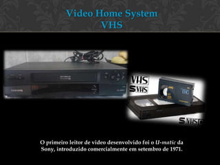 Video Home System
                 VHS




O primeiro leitor de video desenvolvido foi o U-matic da
Sony, introduzido comercialmente em setembro de 1971.
 