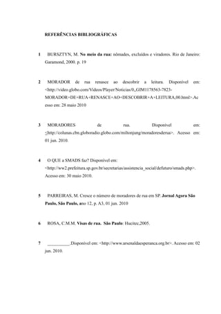 REFERÊNCIAS BIBLIOGRÁFICAS



1    BURSZTYN, M. No meio da rua: nômades, excluídos e viradores. Rio de Janeiro:
    Garamond, 2000. p. 19



2    MORADOR        de   rua   renasce    ao   descobrir   a   leitura.   Disponível   em:
    <http://video.globo.com/Videos/Player/Noticias/0,,GIM1178563-7823-
    MORADOR+DE+RUA+RENASCE+AO+DESCOBRIR+A+LEITURA,00.html>.Ac
    esso em: 28 maio 2010



3    MORADORES                   de            rua.            Disponível              em:
    <http://colunas.cbn.globoradio.globo.com/miltonjung/moradoresderua>. Acesso em:
    01 jun. 2010.



4    O QUE a SMADS faz? Disponível em:
    <http://ww2.prefeitura.sp.gov.br/secretarias/assistencia_social/defuturo/smads.php>.
    Acesso em: 30 maio 2010.



5    PARREIRAS, M. Cresce o número de moradores de rua em SP. Jornal Agora São
    Paulo, São Paulo, ano 12, p. A3, 01 jun. 2010



6    ROSA, C.M.M. Visas de rua. São Paulo: Hucitec,2005.



7    __________.Disponível em: <http://www.arsenaldaesperanca.org.br>. Acesso em: 02
    jun. 2010.
 