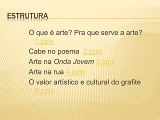 ESTRUTURA
O que é arte? Pra que serve a arte?
1.pptx
Cabe no poema 2.pptx
Arte na Onda Jovem 3.pptx
Arte na rua 4.pptx
O valor artístico e cultural do grafite
5.pptx
 