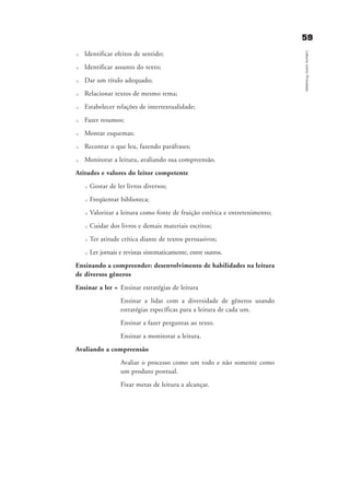 5599
LeituracomoProcesso
u Identificar efeitos de sentido;
u Identificar assunto do texto;
u Dar um título adequado;
u Relacionar textos de mesmo tema;
u Estabelecer relações de intertextualidade;
u Fazer resumos;
u Montar esquemas;
u Recontar o que leu, fazendo paráfrases;
u Monitorar a leitura, avaliando sua compreensão.
Atitudes e valores do leitor competente
u Gostar de ler livros diversos;
u Freqüentar biblioteca;
u Valorizar a leitura como fonte de fruição estética e entretenimento;
u Cuidar dos livros e demais materiais escritos;
u Ter atitude crítica diante de textos persuasivos;
u Ler jornais e revistas sistematicamente, entre outros.
Ensinando a compreender: desenvolvimento de habilidades na leitura
de diversos gêneros
Ensinar a ler = Ensinar estratégias de leitura
Ensinar a lidar com a diversidade de gêneros usando
estratégias específicas para a leitura de cada um.
Ensinar a fazer perguntas ao texto.
Ensinar a monitorar a leitura.
Avaliando a compreensão
Avaliar o processo como um todo e não somente como
um produto pontual.
Fixar metas de leitura a alcançar.
delaine_cap_6_consideracoes_prof.qxd 17/8/2005 17:04 Page 59
 