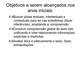 Objetivos a serem alcançados nos
anos iniciais:
4.4Buscar pistas textuais, intertextuais e
contextuais para ler nas entrelinhas (fazer
inferências), ampliando a compreensão
4.5Construir compreensão global do texto lido,
unificando e inter-relacionando informações
explícitas e implícitas
4.6Avaliar ética e afetivamente o texto, fazer
extrapolações

 