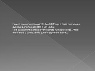 Parece que convenci o garoto. Me telefonou e disse que troca o
avestruz por cinco gaivotas e um urubu.
Pedi para a minha amiga levar o garoto numa psicólogo. Afinal,
tenho mais o que fazer do que ser gigolô de avestruz.
 
