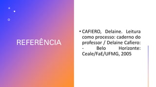 REFERÊNCIA
• CAFIERO, Delaine. Leitura
como processo: caderno do
professor / Delaine Cafiero:
- Belo Horizonte:
Ceale/FaE/UFMG, 2005
 
