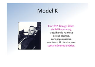 Model K

   Em 1937, George Stibtz,
      do Bell Laboratory,
     trabalhando na mesa
        de sua cozinha,
       com peças usadas,
   montou o 1º circuito para
   somar números binários.
 