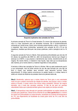 Esquema explicativo das camadas da Terra
A primeira camada da Terra é a Crosta terrestre. É a menor das estruturas do planeta,
mas é a mais importante para as atividades humanas. Ela é fundamentalmente
composta por rochas leves, tendo como minerais predominantes o silício, o alumínio e
o magnésio. Nas zonas continentais, apresenta uma variação de 20 a 70 km de
espessura, medidas que diminuem nas zonas oceânicas, onde a variação é de 5 a 15
km.
A segunda camada da Terra é o Manto. Este apresenta profundidades que vão dos 30
km abaixo da superfície até 2900 km, além de temperaturas internas que chegam a
alcançar os 2.000ºC, o que propicia o derretimento das rochas, transformando-as em
magma. No manto interno, o material é mais líquido, haja vista que as temperaturas
são maiores; já no manto externo o material magmático é mais pastoso.
A terceira e última das camadas da Terra é o Núcleo. Não se sabe exatamente qual é
a sua composição, mas há fortes indícios de que ele seja formado por uma liga de
ferro e níquel, que também deve envolver outro elemento químico ainda
desconhecido. O núcleo externo encontra-se no estado líquido e o núcleo interno é
sólido em virtude da influência da pressão interna do planeta sobre ele.
Obs.2: Atualmente, sabe-se que o núcleo interno da Terra gira a uma velocidade
maior do que o próprio movimento de rotação do planeta. Isso porque, como o núcleo
externo é líquido, o núcleo interno fica imerso nessa verdadeira “câmara” de magma
derretido, que o isola das camadas restantes. O fato de ele girar em grandes
velocidades indica que o planeta também girava mais rápido em tempos remotos.
Obs3.: A temperatura mais elevada em grandes profundidades se explica através do
conceito grau geotérmico. Dessa forma entende-se que Grau geotérmico é o número
de metros em profundidade na crosta terrestre, necessário ao aumento de temperatura
de 1ºC, que dependendo da localidade da crosta pode variar de 7m a até 30m de
profundidade.
 