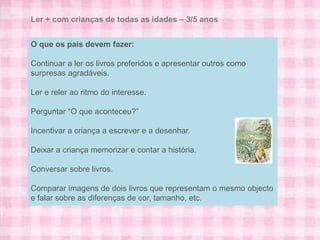 Ler + com crianças de todas as idades – 3/5 anos


O que os pais devem fazer:

Continuar a ler os livros preferidos e apresentar outros como
surpresas agradáveis.

Ler e reler ao ritmo do interesse.

Perguntar “O que aconteceu?”

Incentivar a criança a escrever e a desenhar.

Deixar a criança memorizar e contar a história.

Conversar sobre livros.

Comparar imagens de dois livros que representam o mesmo objecto
e falar sobre as diferenças de cor, tamanho, etc.
 