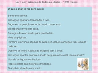 Ler + com crianças de todas as idades – 12/24 meses
       Ler + com crianças de todas as idades – 6/12 meses
O que a criança faz com livros:

Senta-se sozinha.
Consegue agarrar e transportar olivros:
     O que a criança faz com livro.

Segura-o na posição correcta (viradopara os agarrar.
      Observa os livros e estica-se para cima).
Transporta o livro pela casa.
      Leva os livros à boca.
Entrega o livro ao adulto para que lhe leia.
       Vira as páginas com a ajuda dos adultos.
Volta as páginas.
Primeiro vira várias páginas de cada carasdepois consegue virar uma de
       Tem interesse por imagens e vez, de pessoas.
cada vez.
       Reage às imagens e à voz dos adultos com sons e gestos.
Observa os livros. Aponta as imagens com o dedo.
Consegue apontar quando o adulto pergunta onde está isto ou aquilo?
Nomeia as figuras conhecidas.
Repete partes das histórias conhecidas.
O nível de atenção varia muito.
 