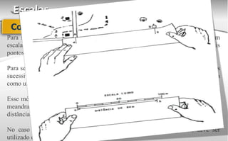 Escalas
Para se medir distâncias entre dois pontos, numa linha reta, em uma carta com
escala gráfica, deve-se utilizar uma tira de papel, na qual são marcados os dois
pontos (A e B) e depois transportá-los para a escala.
Para se medir linhas curvas, de modo simples, pode-se usar o sistema de traçados
sucessivos de cordas, cuja medição final será a soma das mesmas, considerada
como uma soma de linhas retas.
Esse método é conveniente para traçados de curvas suaves, como estradas e rios
meandrantes. Cabe ressaltar que ambos os métodos apresentam como resultado
distância aproximada, não podendo ser considerado um método preciso.
No caso de torrentes, de caminhos e estradas em serras íngremes, deve ser
utilizado o curvímetro.
Como Medir Distâncias
 