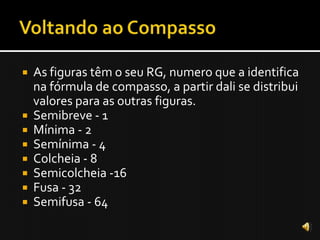  As figuras têm o seu RG, numero que a identifica
  na fórmula de compasso, a partir dali se distribui
  valores para as outras figuras.
 Semibreve - 1
 Mínima - 2
 Semínima - 4
 Colcheia - 8
 Semicolcheia -16
 Fusa - 32
 Semifusa - 64
 