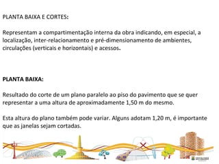  
PLANTA BAIXA E CORTES:
Representam a compartimentação interna da obra indicando, em especial, a 
localização, inter-relacionamento e pré-dimensionamento de ambientes, 
circulações (verticais e horizontais) e acessos.
PLANTA BAIXA:
Resultado do corte de um plano paralelo ao piso do pavimento que se quer 
representar a uma altura de aproximadamente 1,50 m do mesmo.  
 
Esta altura do plano também pode variar. Alguns adotam 1,20 m, é importante 
que as janelas sejam cortadas. 
 
