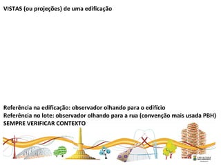  
VISTAS (ou projeções) de uma edificação
Referência na edificação: observador olhando para o edifício
Referência no lote: observador olhando para a rua (convenção mais usada PBH)
SEMPRE VERIFICAR CONTEXTO
 